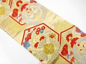 アンティーク　向かい鶴に草花・亀甲模様織り出し袋帯（材料）